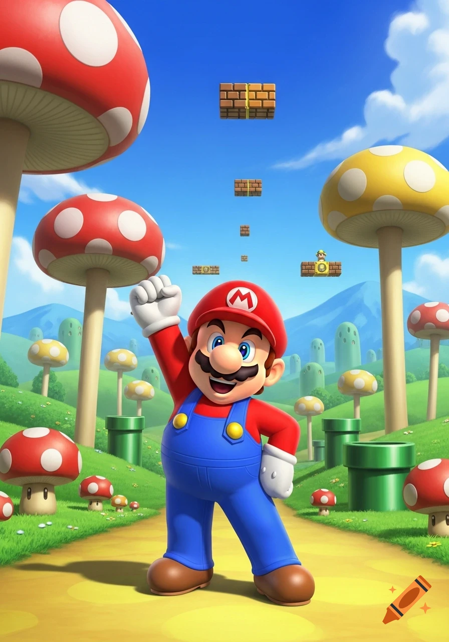 Mario stands triumphant in a vibrant Super Mario Bros. landscape with red and yellow mushrooms, green pipes, and floating blocks.