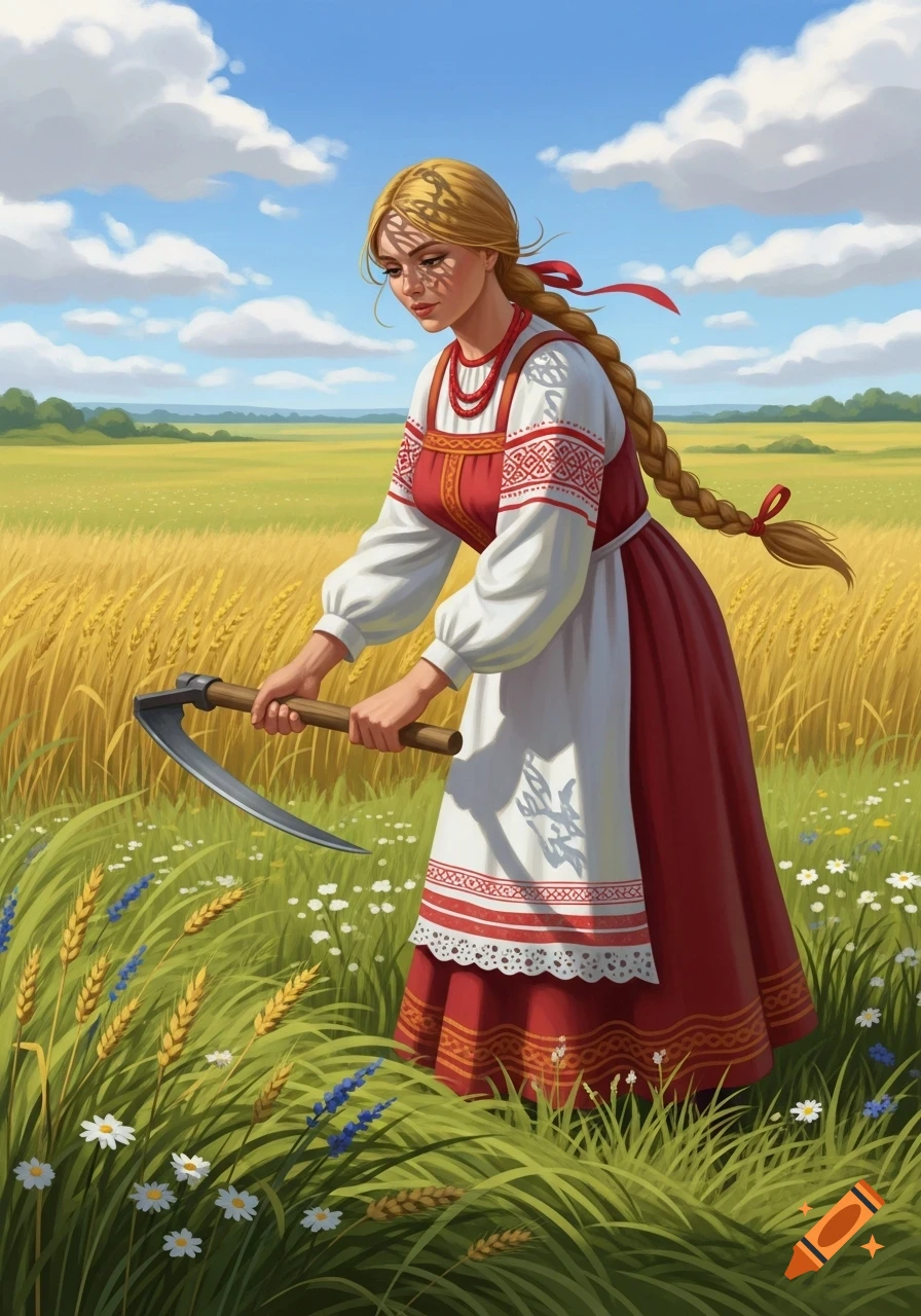 An illustrated woman in a traditional red and white dress holds a scythe in a golden wheat field under a blue sky.