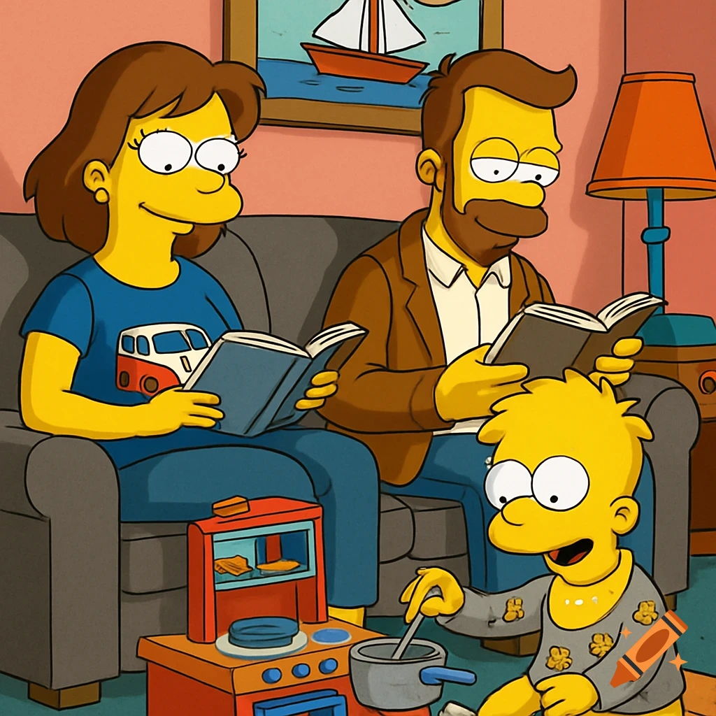 A Simpsons-style family scene: a woman and bearded man read on a grey couch while a yellow-skinned child plays with a toy kitchen.