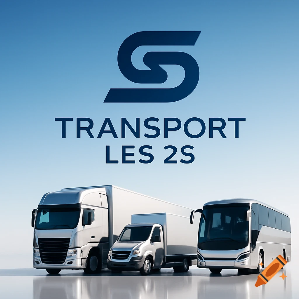 Logo for 'TRANSPORT LES 2S' above a semi-truck, a van, and a bus on a reflective surface.