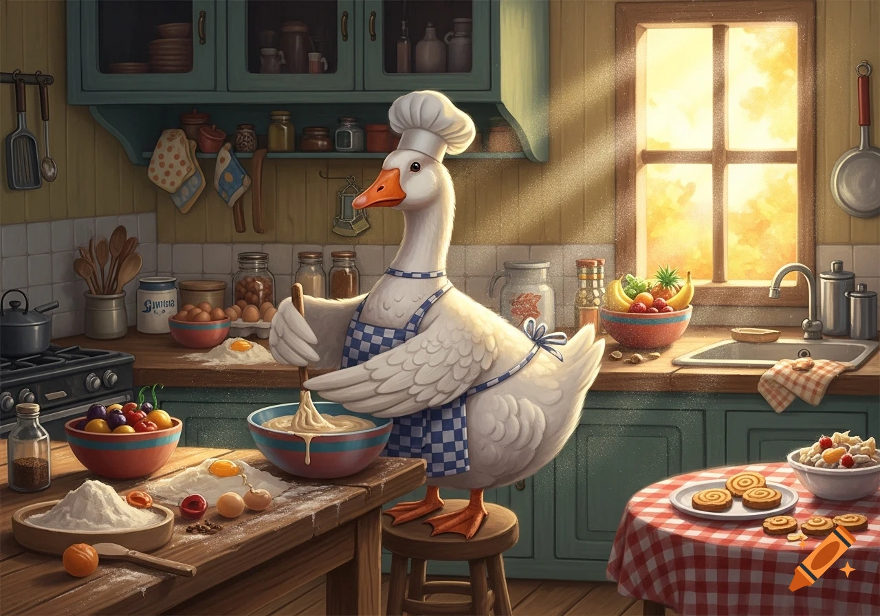Cartoon goose in a chef's hat and apron bakes in a rustic kitchen, mixing batter with flour and eggs on the counter.