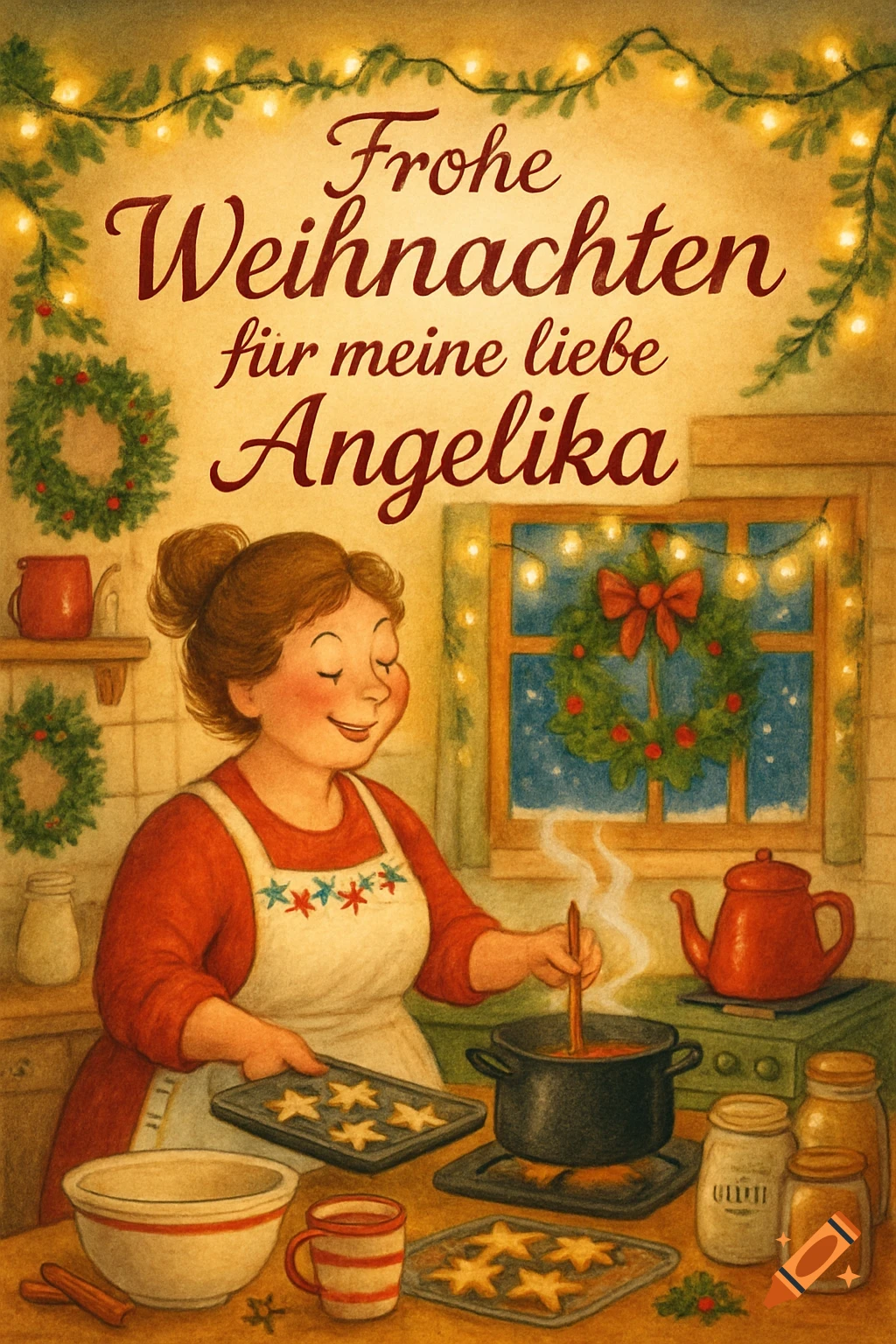 A festive Christmas illustration of a smiling woman baking star cookies in a decorated kitchen with a Christmas greeting to Angelika.