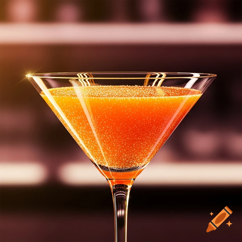 A photorealistic image of a martini glass filled with a gritty, sparkling orange liquid.
