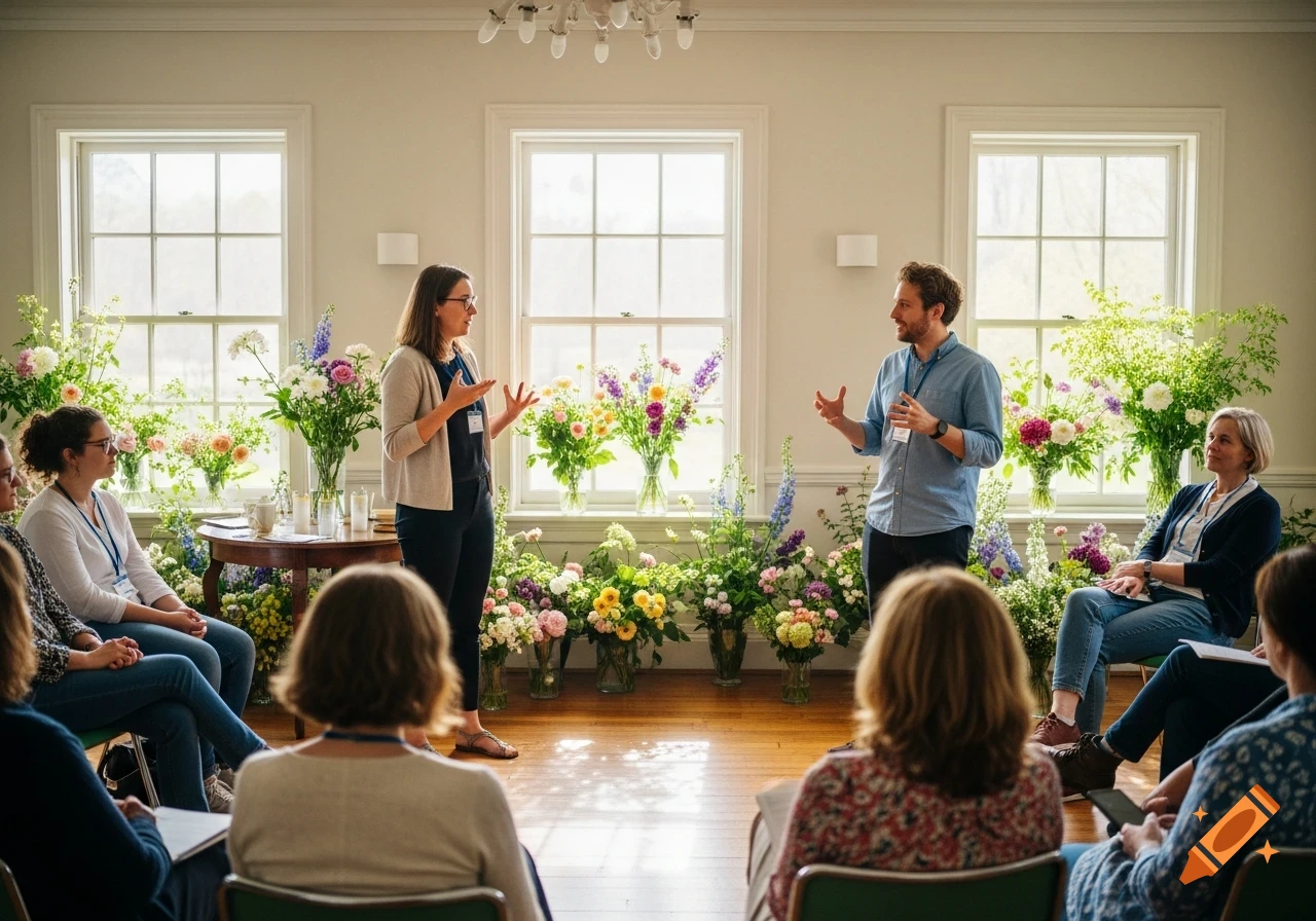 Two people speak to an audience seated in a seminar room filled with numerous colorful flower arrangements, creating a vibrant atmosphere.
