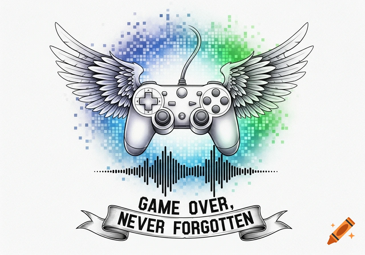 An illustrated white video game controller with feathered wings, pixelated blue and green background, and a banner reading 'GAME OVER, NEVER FORGOTTEN'.