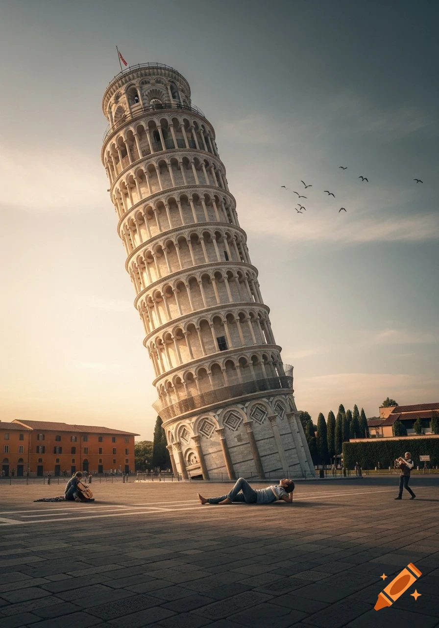 Photorealistic image of the dramatically leaning Leaning Tower of Pisa, with people relaxing in the square at sunset.