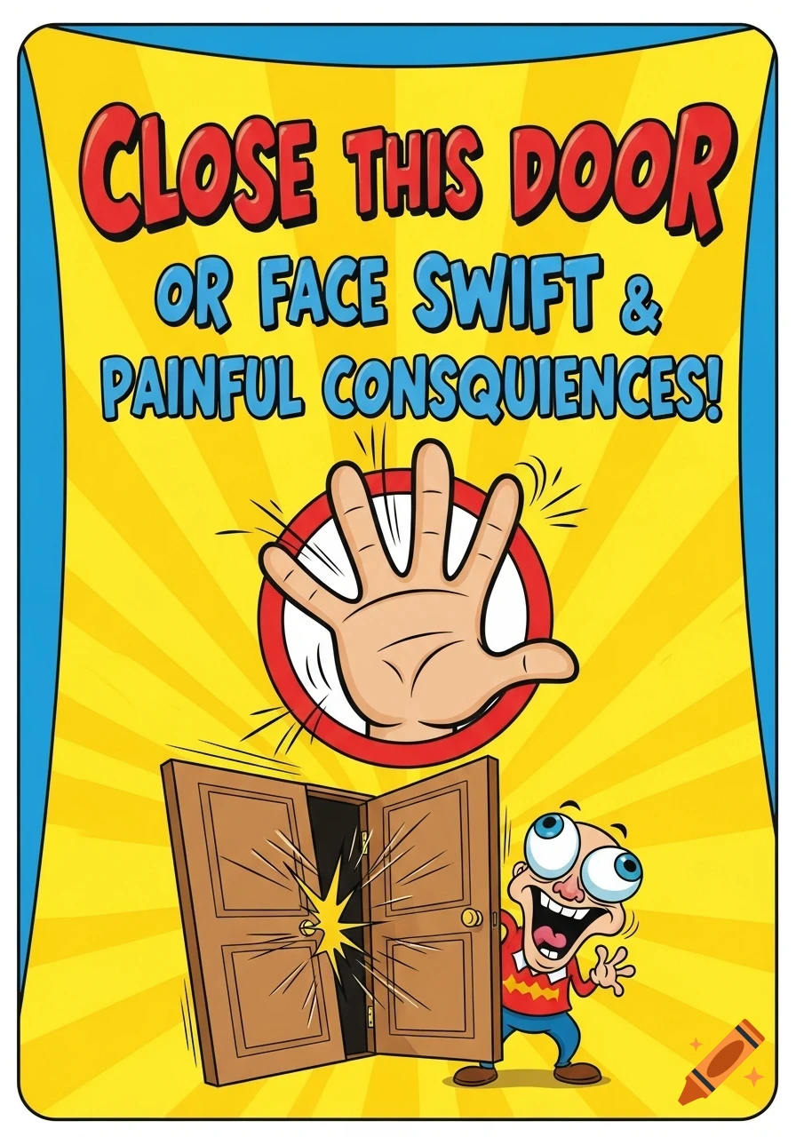 A vibrant cartoon warning sign reads 'CLOSE THIS DOOR OR FACE SWIFT & PAINFUL CONSEQUENCES!' with a smashing door, a stop hand, and a scared character.