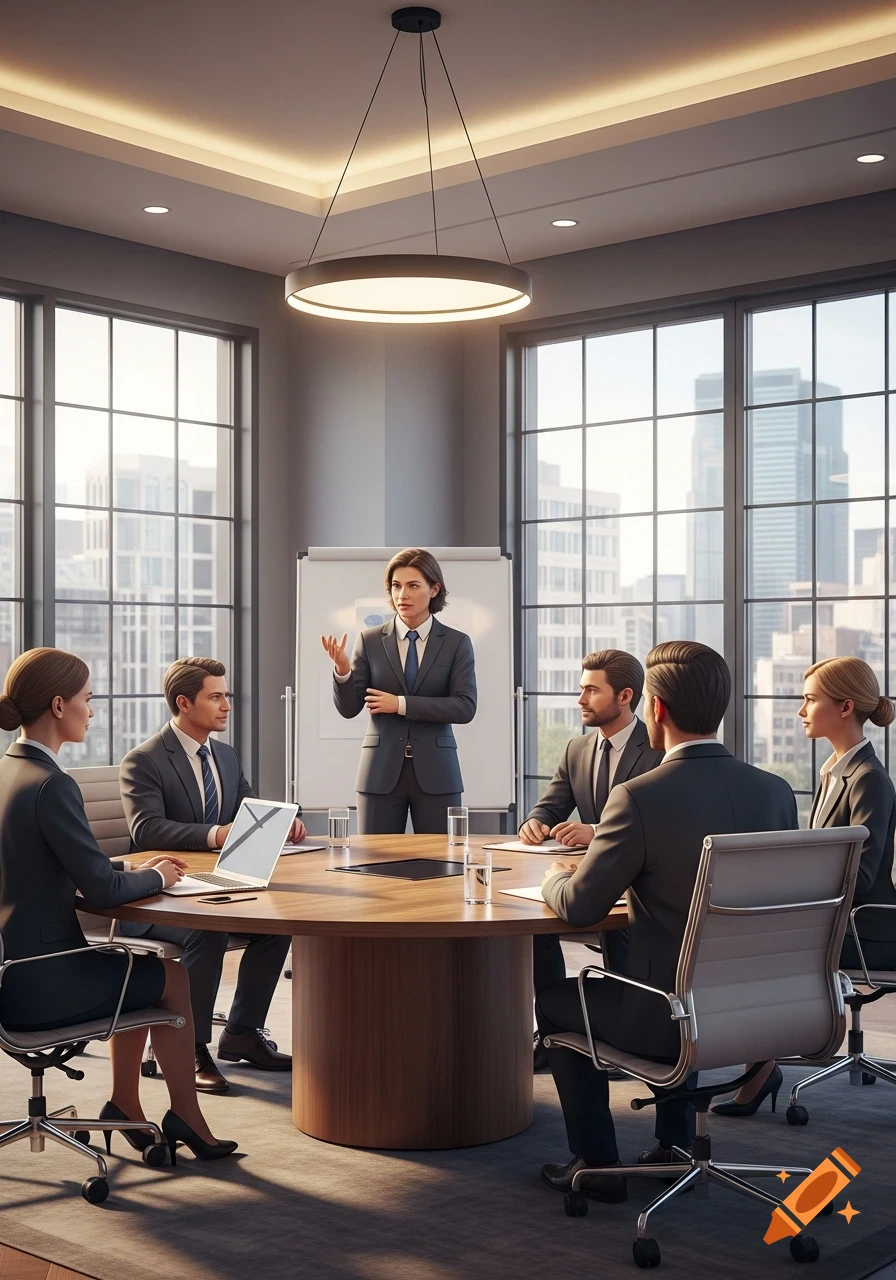 A group of professionals in suits attending a business meeting around a wooden conference table in a modern office with large windows overlooking a city.