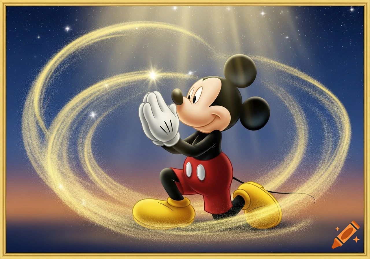 Mickey Mouse kneels with hands clasped in prayer, surrounded by golden sparkling light against a starry night sky.