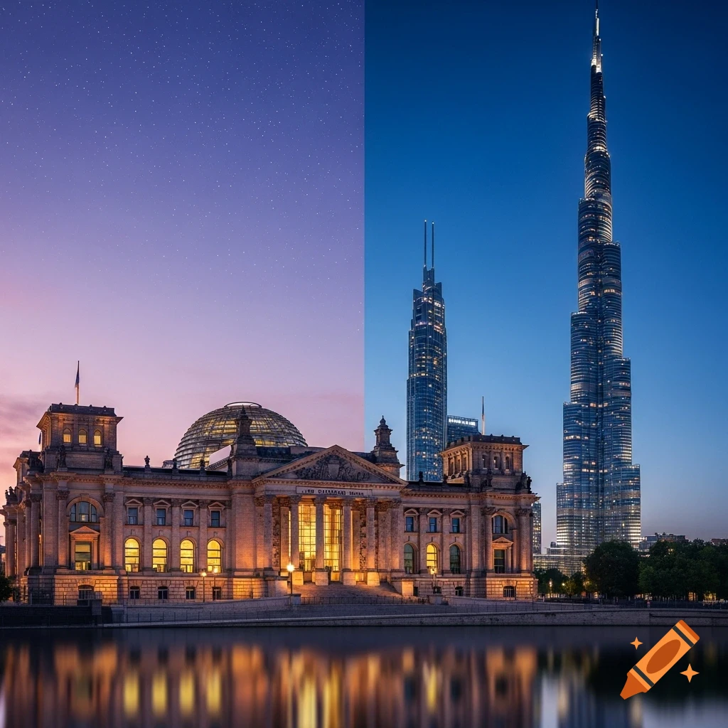 A composite image of the illuminated Reichstag Building at dusk next to the lit Burj Khalifa at night, both reflected in water.