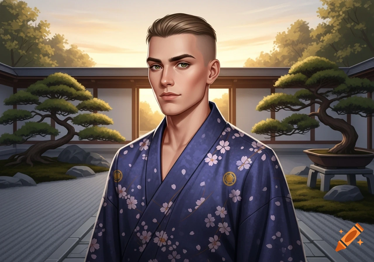 A pale-skinned man with light brown shaved hair and hazel eyes wears a navy Japanese robe with cherry blossoms, standing in a serene garden at sunset.