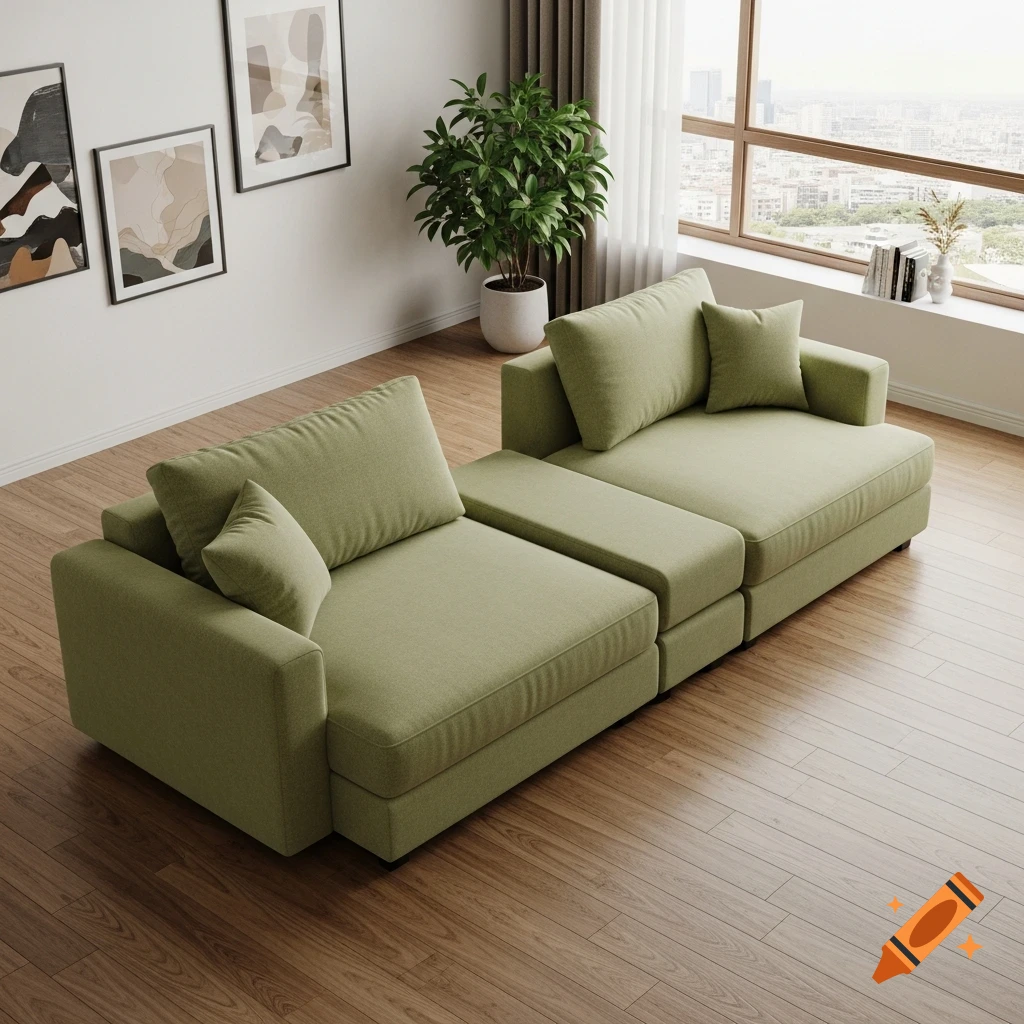 A modern living room with an L-shaped modular sofa in light olive green fabric, viewed from a high angle.