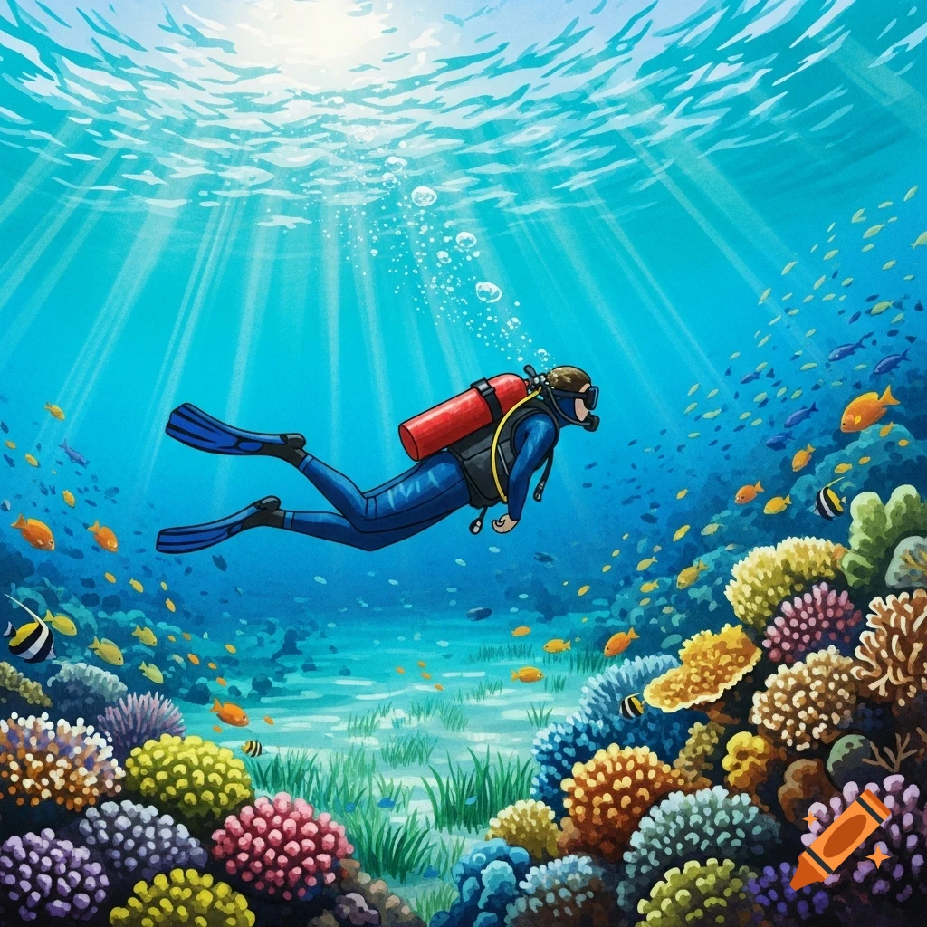 An illustrative image of a scuba diver exploring a vibrant coral reef filled with colorful fish under dappled sunlight.