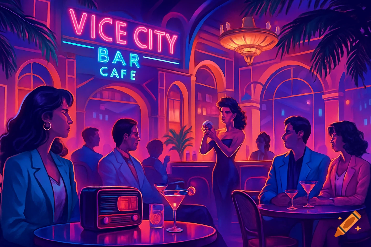 Vibrant synthwave-style illustration of people socializing in a neon-lit "Vice City Bar Cafe" with palm trees and cocktails.