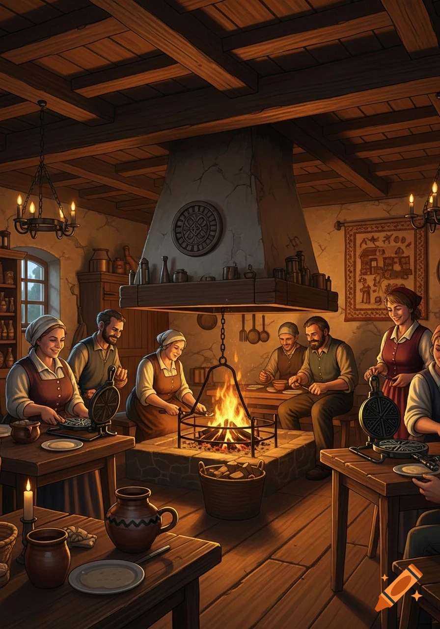 People in a rustic farmhouse kitchen cook waffles over a hearth, with wooden beams and warm candlelight.