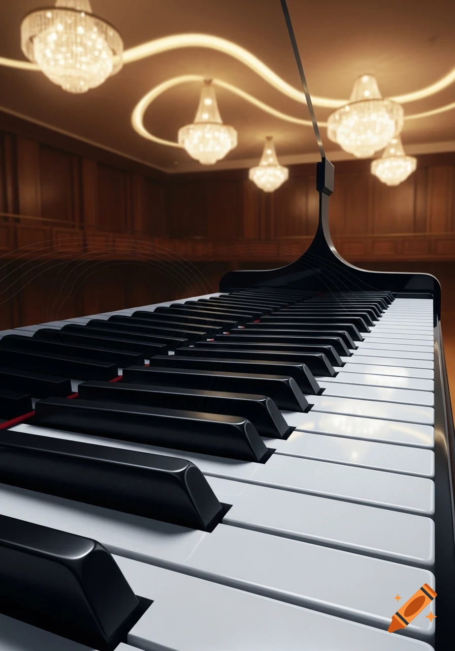 A close-up, low-angle view of a grand piano's black and white keys in an elegant hall with ornate chandeliers.