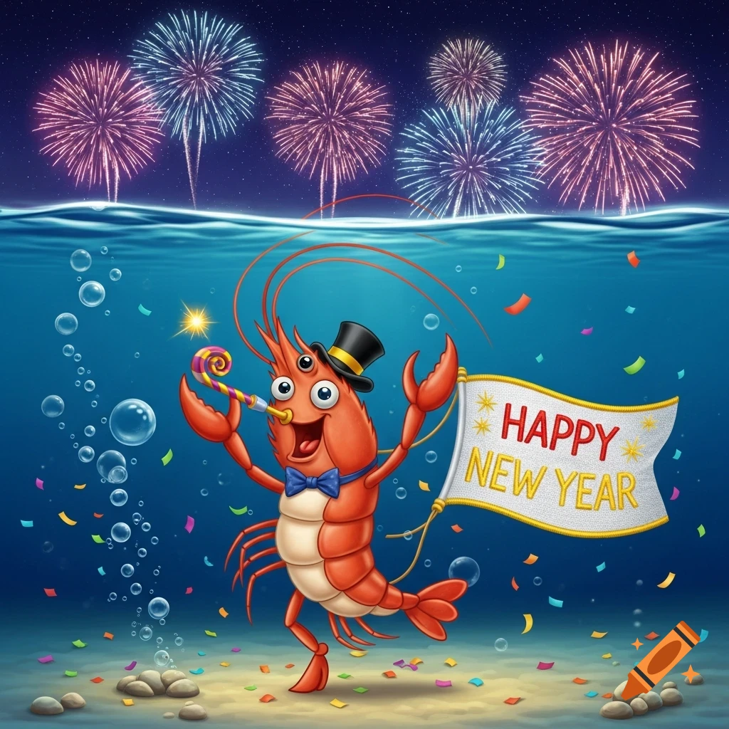 Cartoon shrimp in a top hat celebrates New Year underwater with fireworks and a 'HAPPY NEW YEAR' banner.