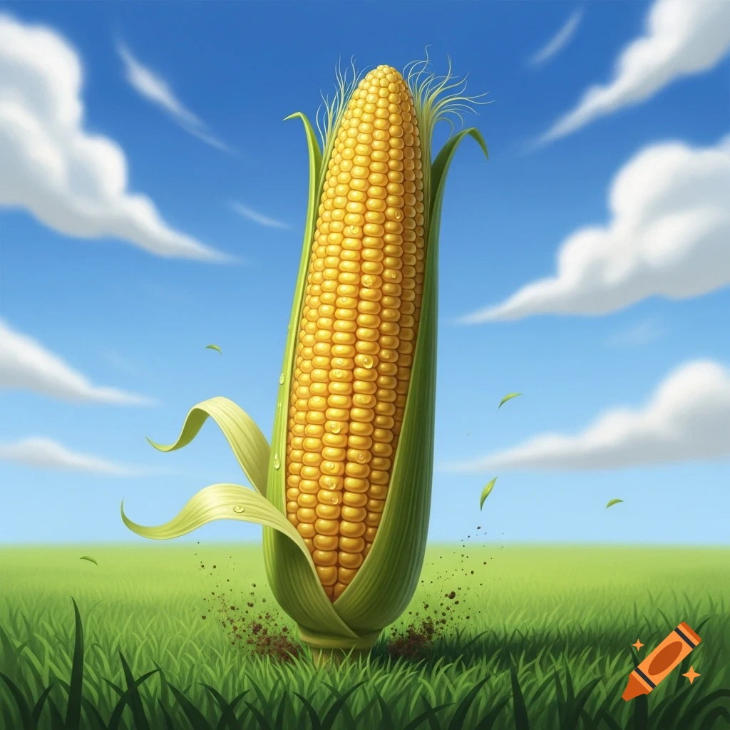 A vibrant, stylized illustration of a giant corn cob standing upright in a green field under a bright blue sky with white clouds.