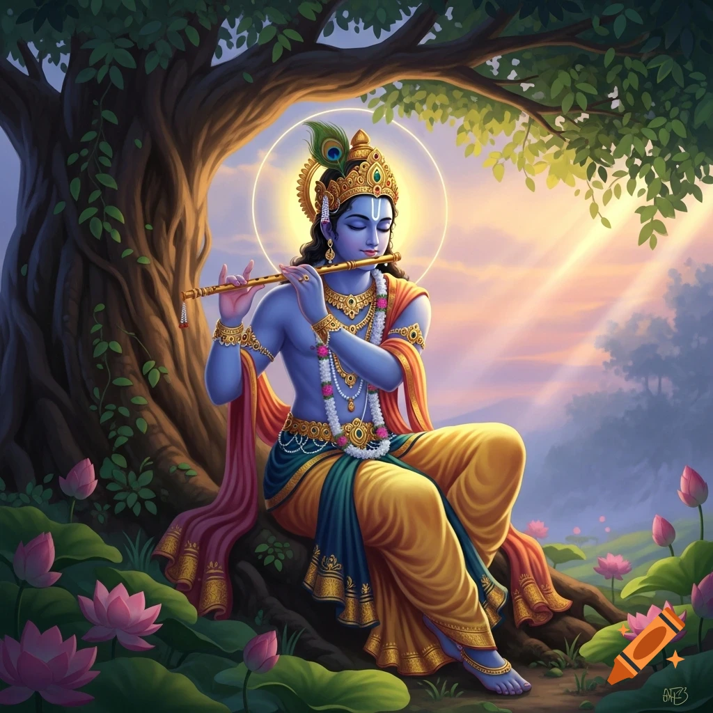Vibrant digital art of Krishna, with blue skin and a golden crown, playing a flute while sitting under a tree amidst pink lotus flowers at sunrise.