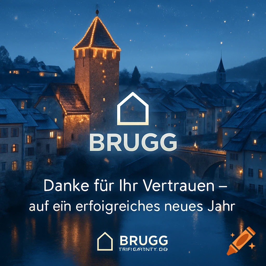 A festive night scene of the Centurion Tower in Brugg, Switzerland, illuminated with string lights. Buildings line a river under a starry blue sky. A logo with a house outline and "BRUGG" is prominent, along with the text "Danke f R Ihr Vertrauen – auf ein erfolgreiches neues Jahr".