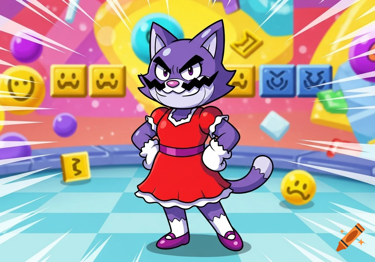 A WarioWare Gold style cartoon of a purple anthropomorphic cat in a red dress with a mustache, standing in a colorful game world with symbolic blocks.