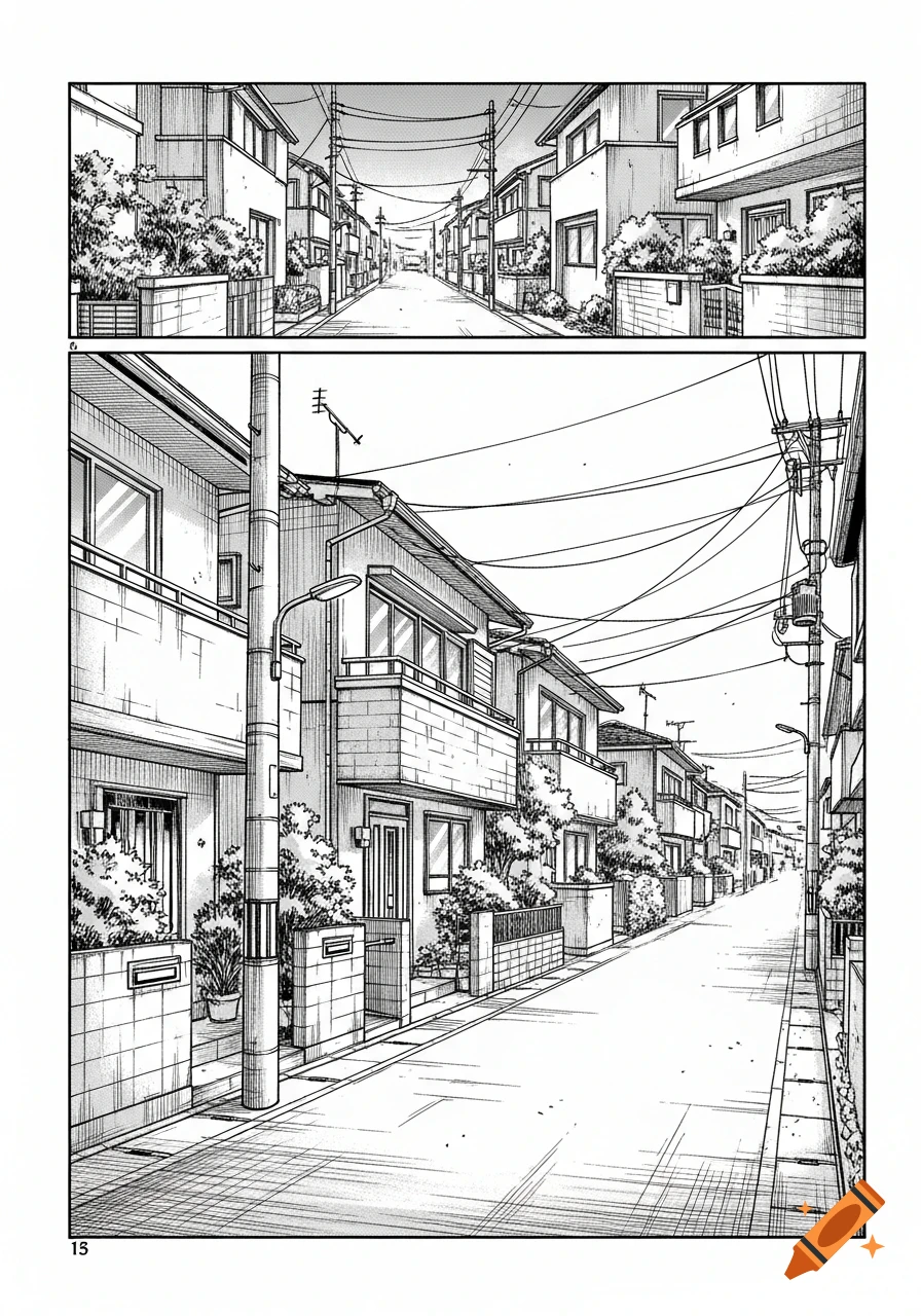 Black and white manga panel of a calm suburban street lined with houses and utility poles under a clear sky.