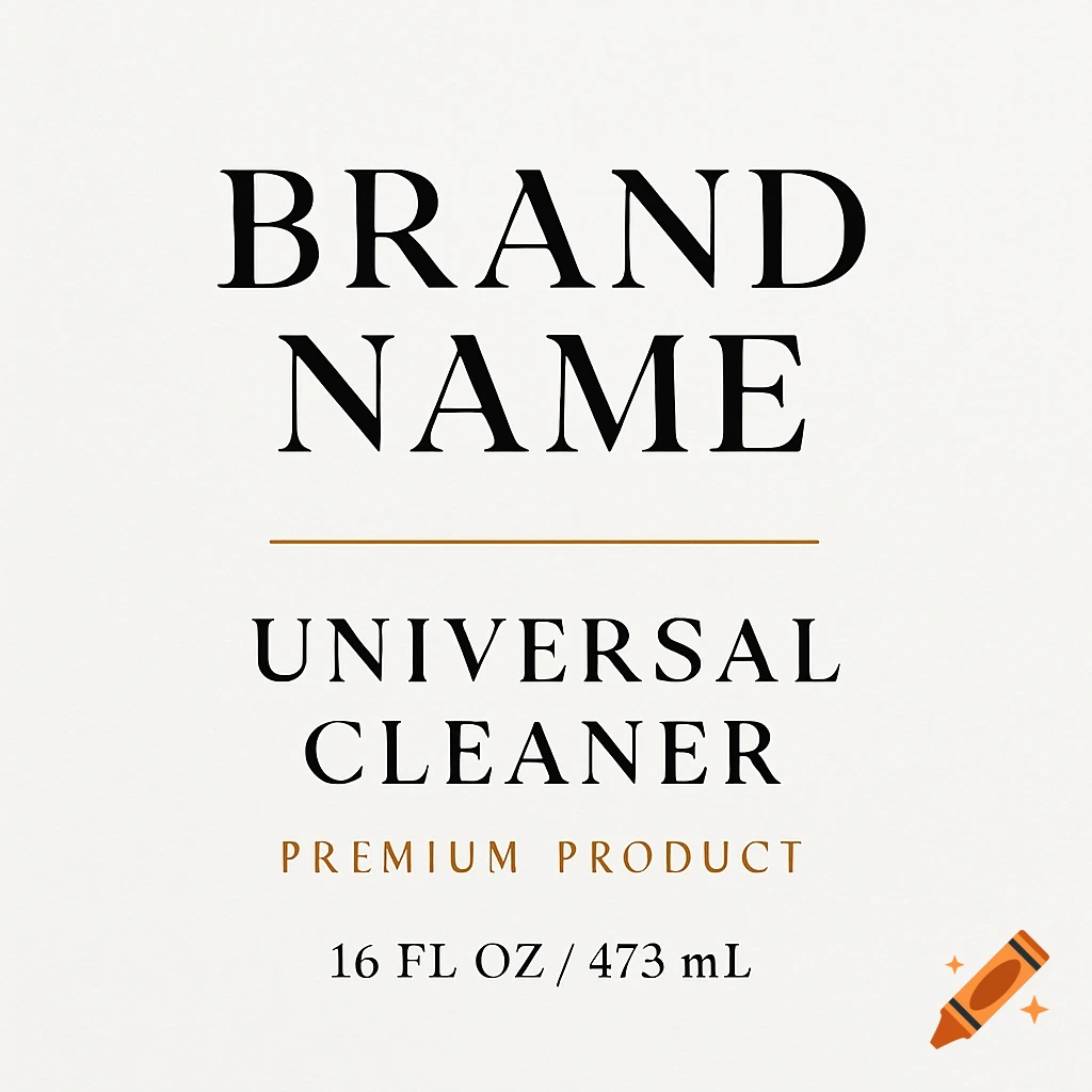 A minimalist product label design for "UNIVERSAL CLEANER" with black text and gold accents on a white background.