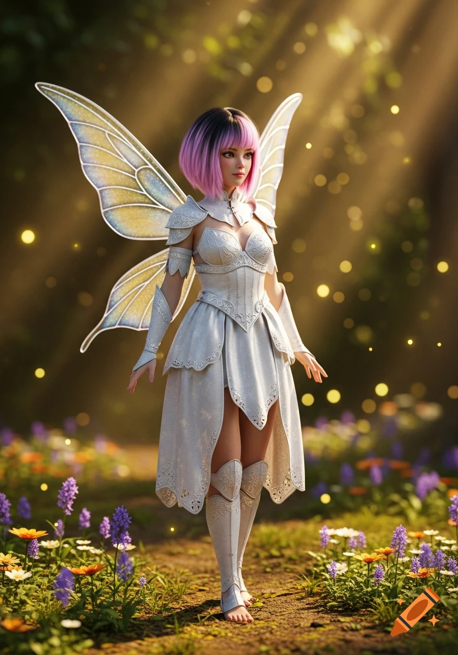 A 3D fantasy fairy with pink and black hair, light armor, and large wings, standing on a sunlit forest path with glowing particles.