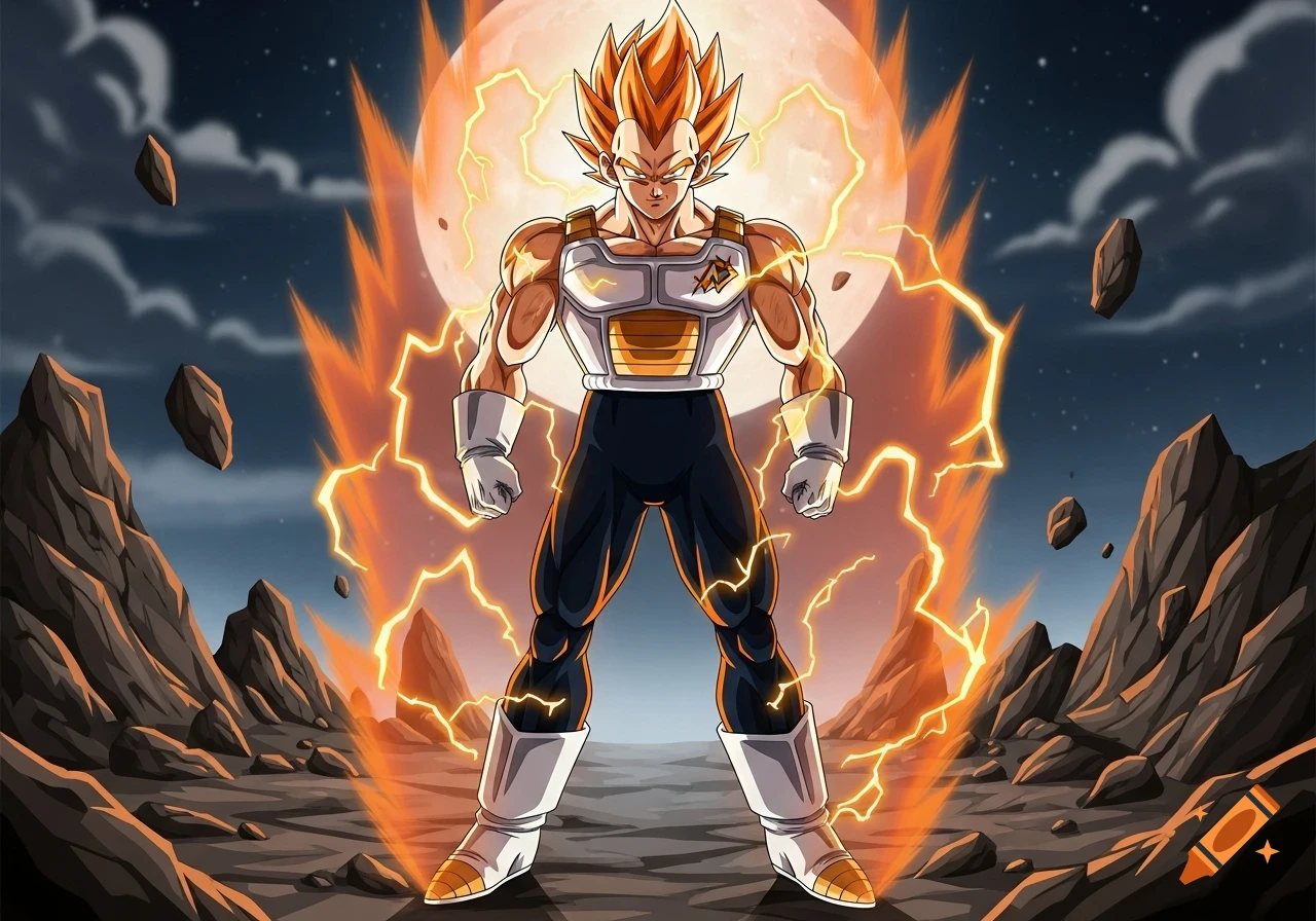 Anime style depiction of Super Saiyan Vegeta with spiky orange hair, glowing orange energy, standing on rocky ground under a full moon.
