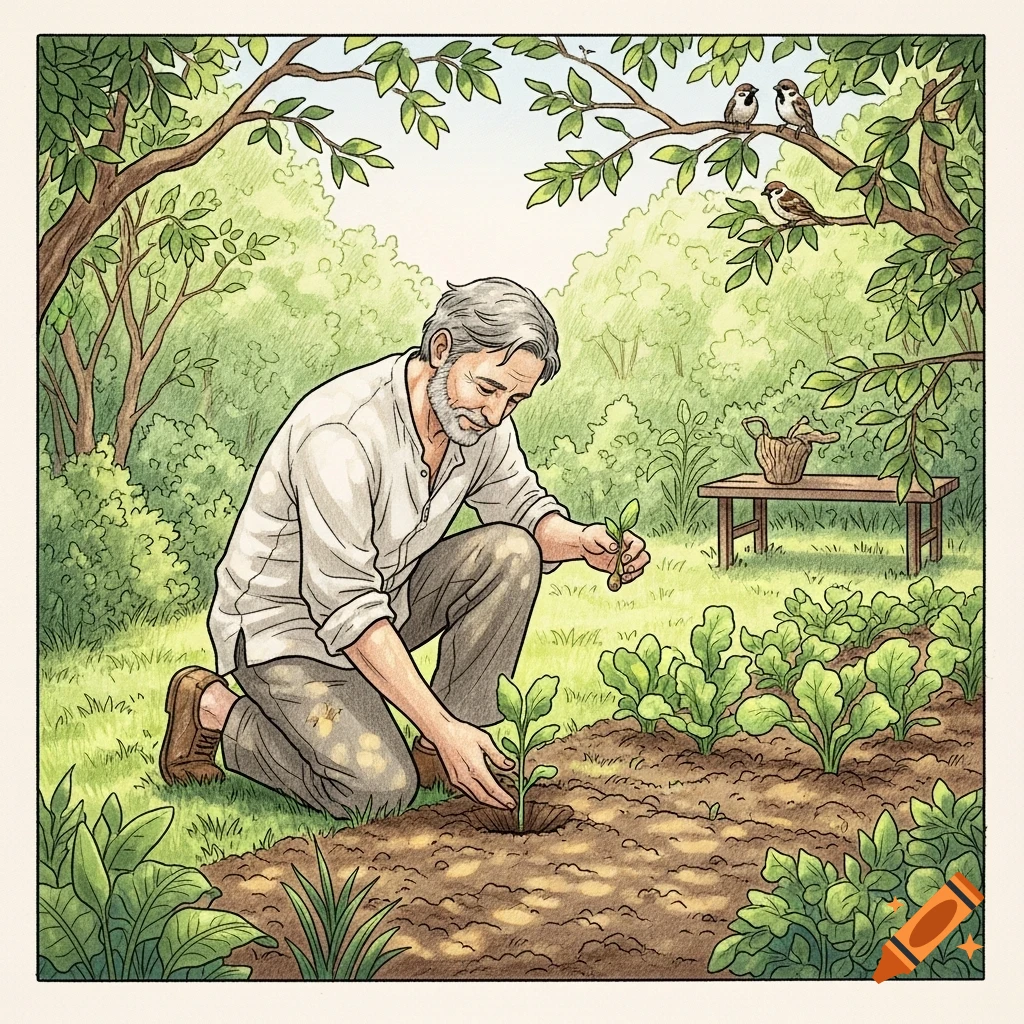 An illustration of an older bearded man kneeling and planting a seedling in a garden, with other plants, trees, and birds around him.