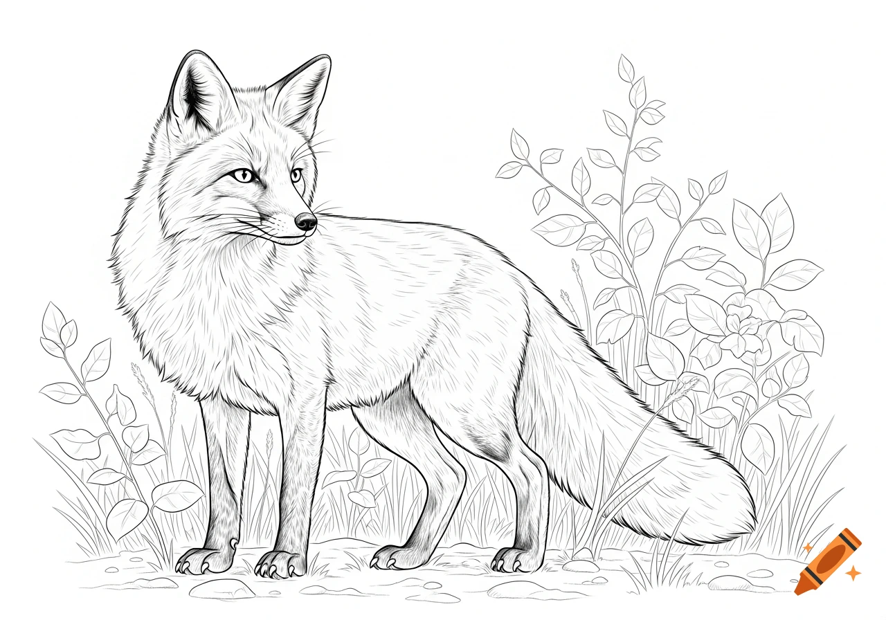 Realistic line art of a fox standing in grass and bushes, looking to the right, in a coloring page style.