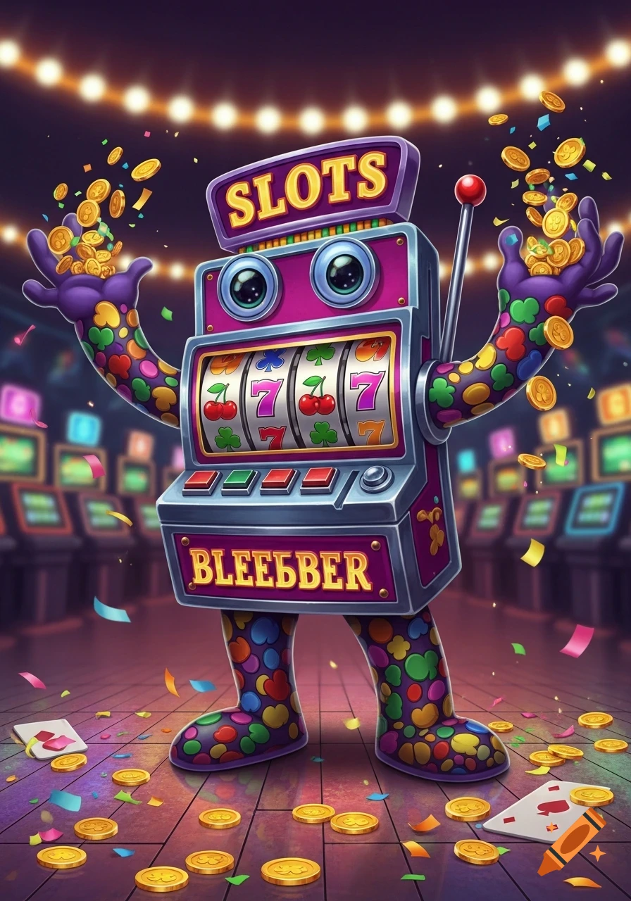A cartoon slot machine character with colorful limbs holds spilling gold coins in a vibrant casino setting.