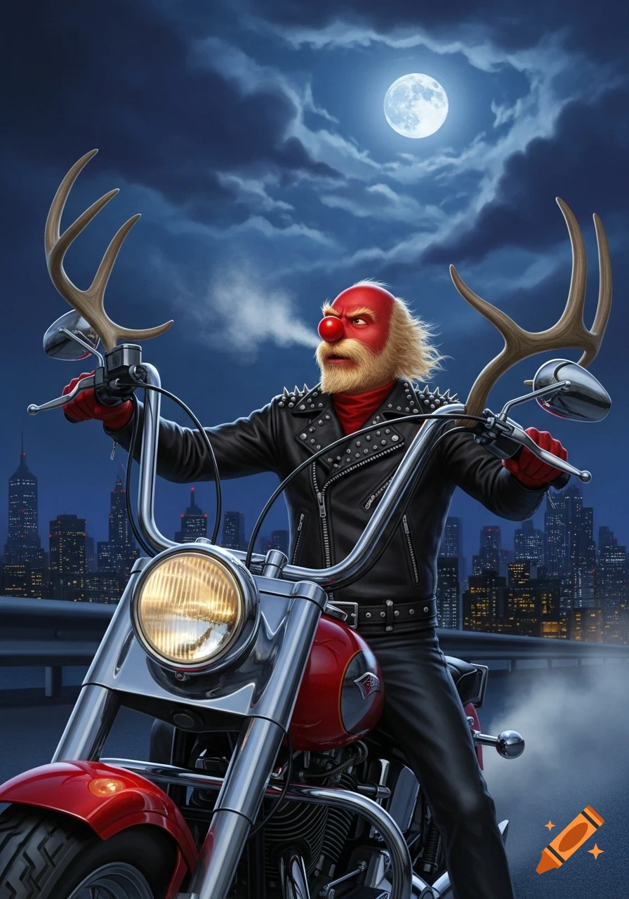 A red-nosed character in a leather jacket with a white beard rides a motorcycle with antlers against a city skyline at night under a full moon.
