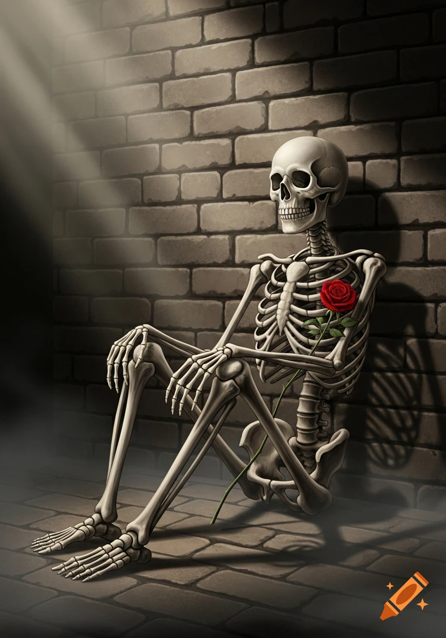 A skeleton sits leaning against a brick wall, holding a single red rose, with a beam of light shining from above.