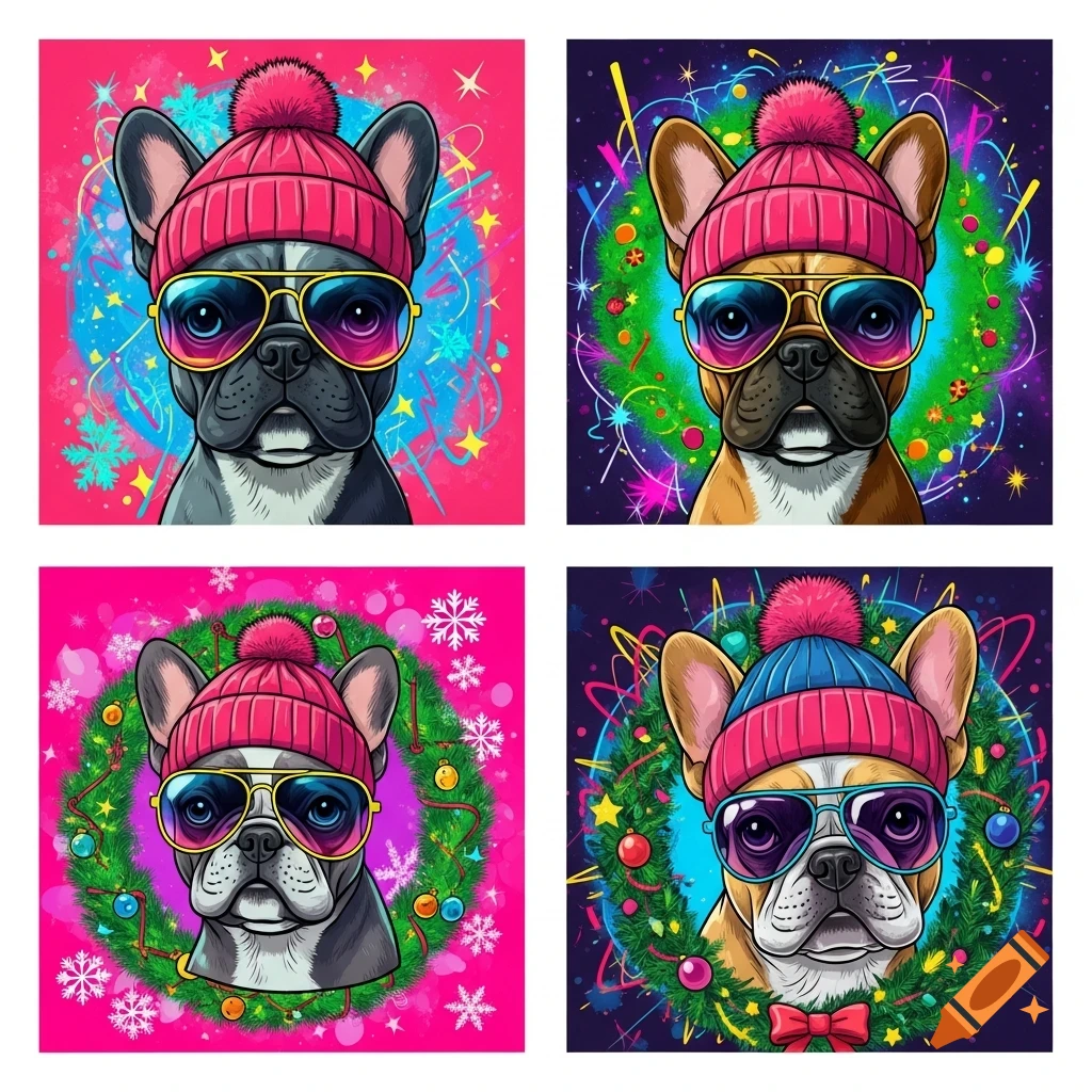 Four pop art style French bulldogs in pink beanies and sunglasses on vibrant neon Christmas backgrounds with snowflakes and wreaths.