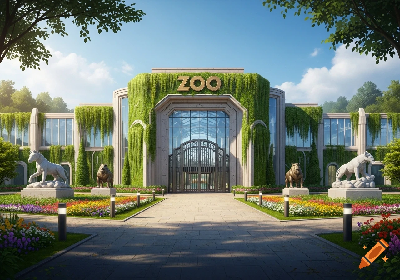 A grand zoo entrance building covered in green vines, with a large "ZOO" sign, flanked by animal statues and colorful flower beds. Photorealistic.