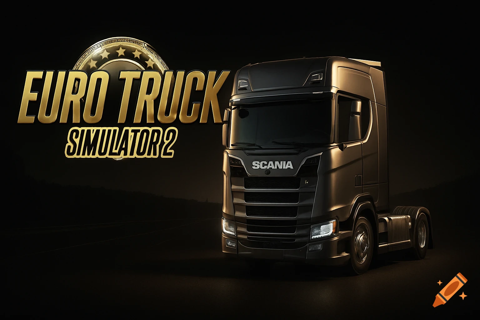 A dark grey semi-truck with "SCANIA" on the grille, against a black background with gold text "EURO TRUCK SIMULATOR 2" and a logo.