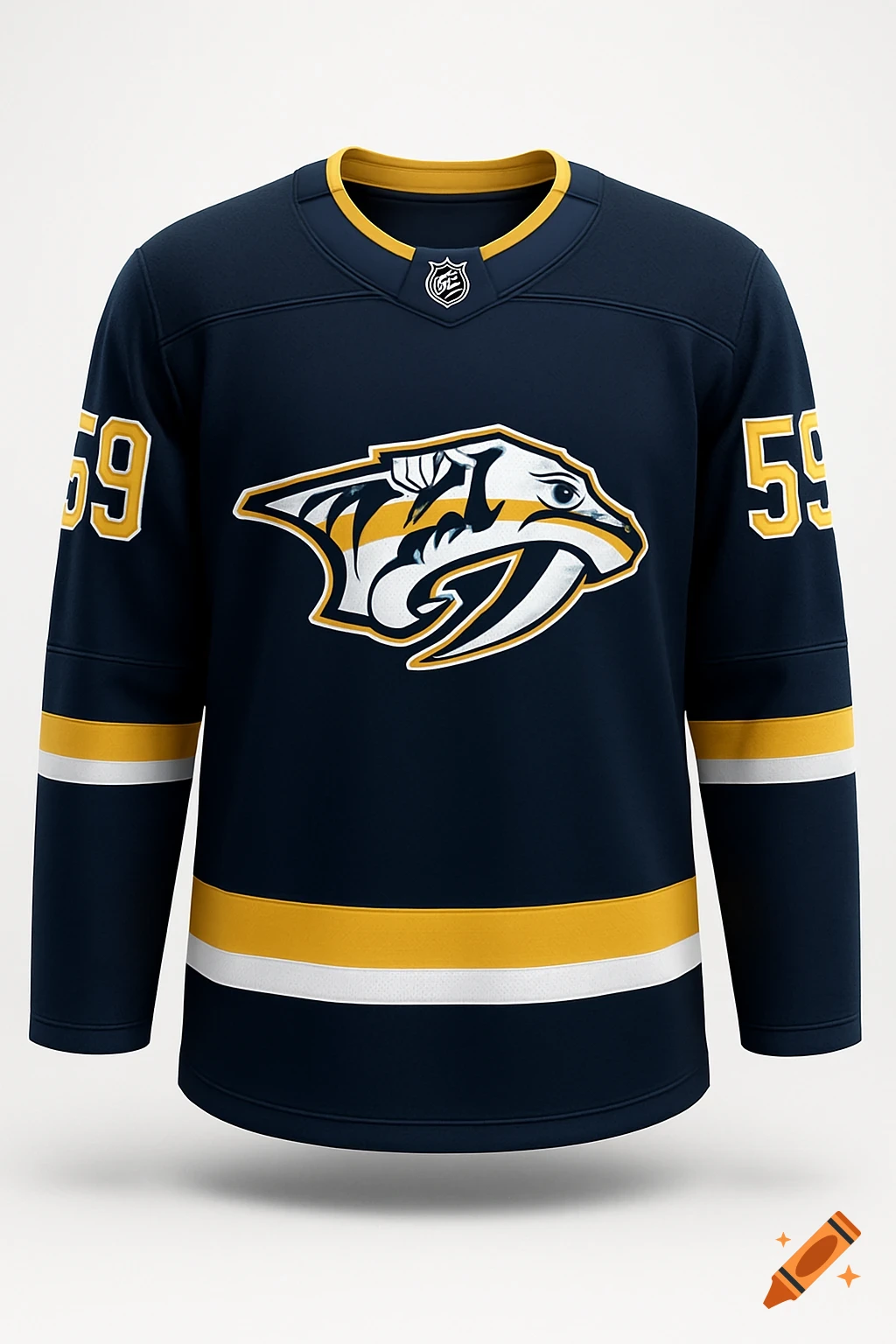 A dark navy blue Nashville Predators hockey jersey with yellow and white stripes, the team logo on the chest, and '59' on the sleeves.