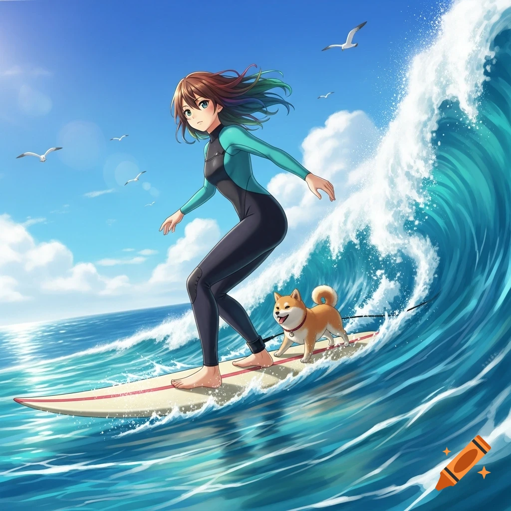 An anime girl in a wetsuit surfs a large wave with a Shiba Inu dog on her surfboard, under a clear blue sky with gulls.