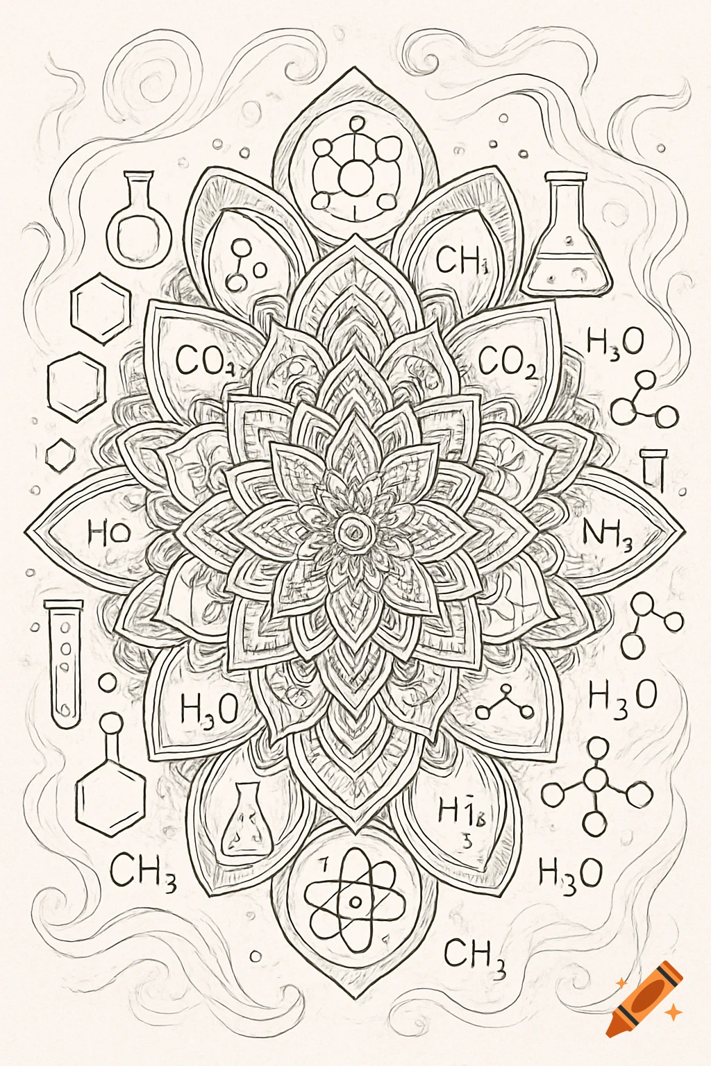 A black and white line art mandala coloring page with chemical symbols and formulas, beakers, and molecular structures arranged symmetrically.