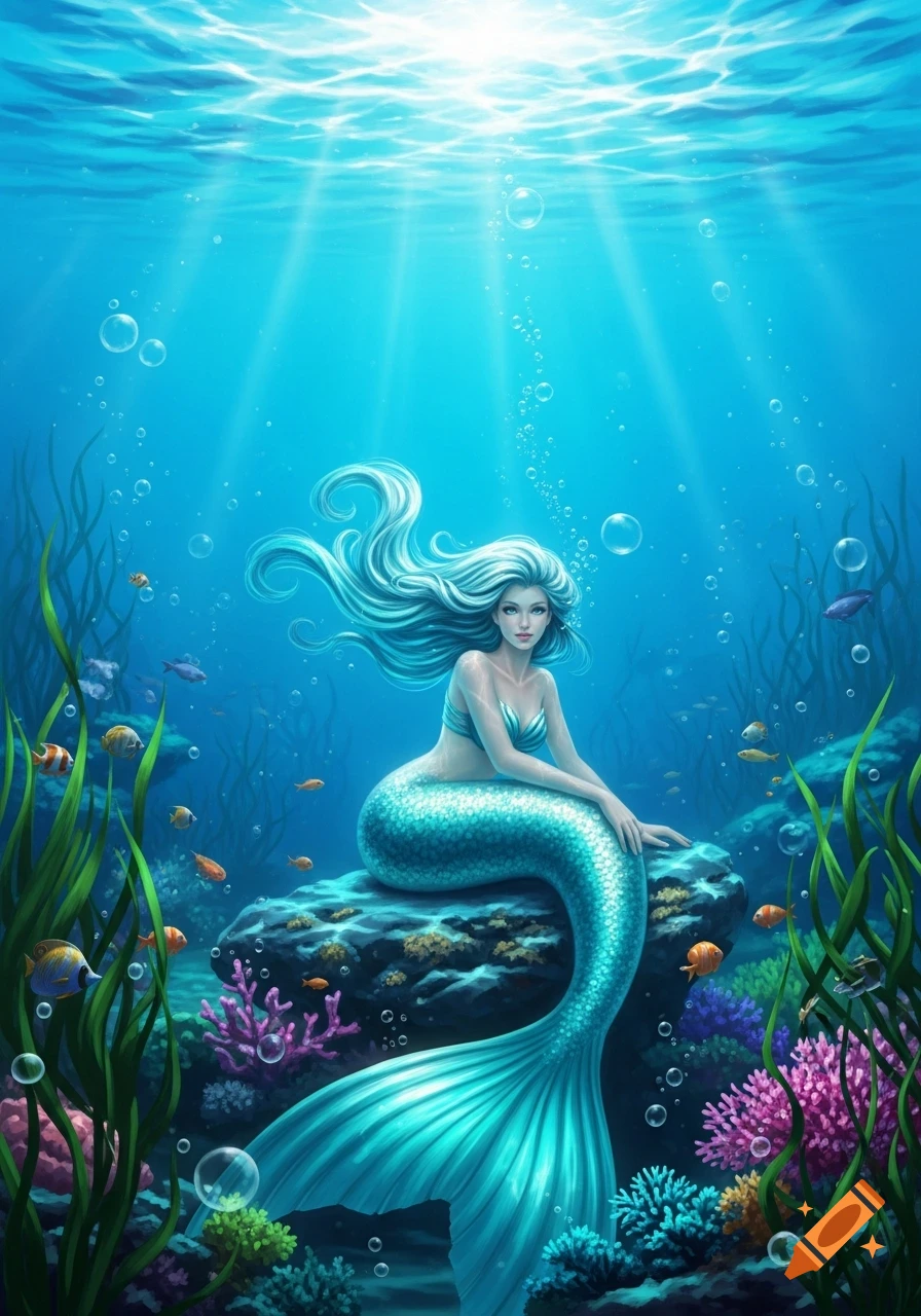 A beautiful mermaid with flowing light blue hair and a teal tail sits on a rock in a vibrant underwater scene with coral and fish, illuminated by sunlight.