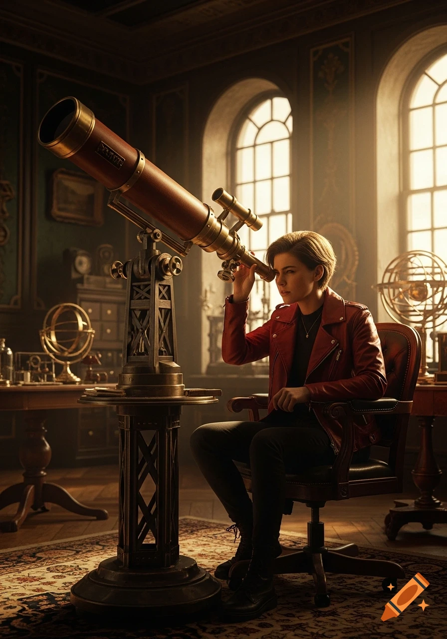 A young person in a red leather jacket peers through a large, ornate steampunk telescope in a sunlit, vintage room.