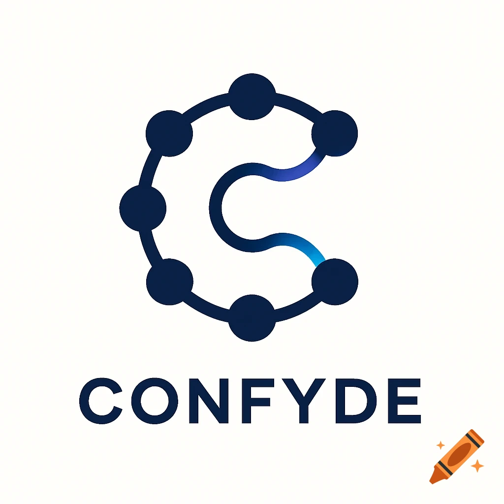 A dark blue minimalist logo for Confyde, featuring an abstract geometric 'C' formed by connected nodes with a blue gradient highlight.