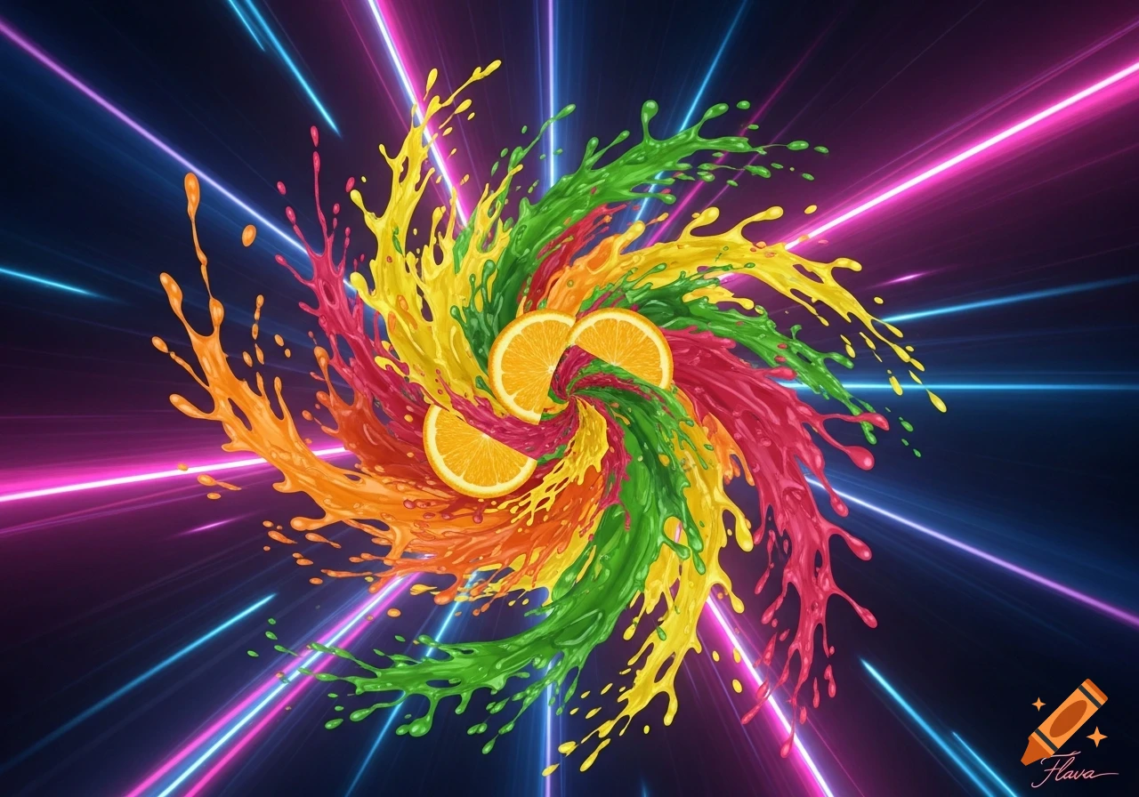 Colorful liquid splashes in a spiral around orange slices against a dark background with neon light rays.