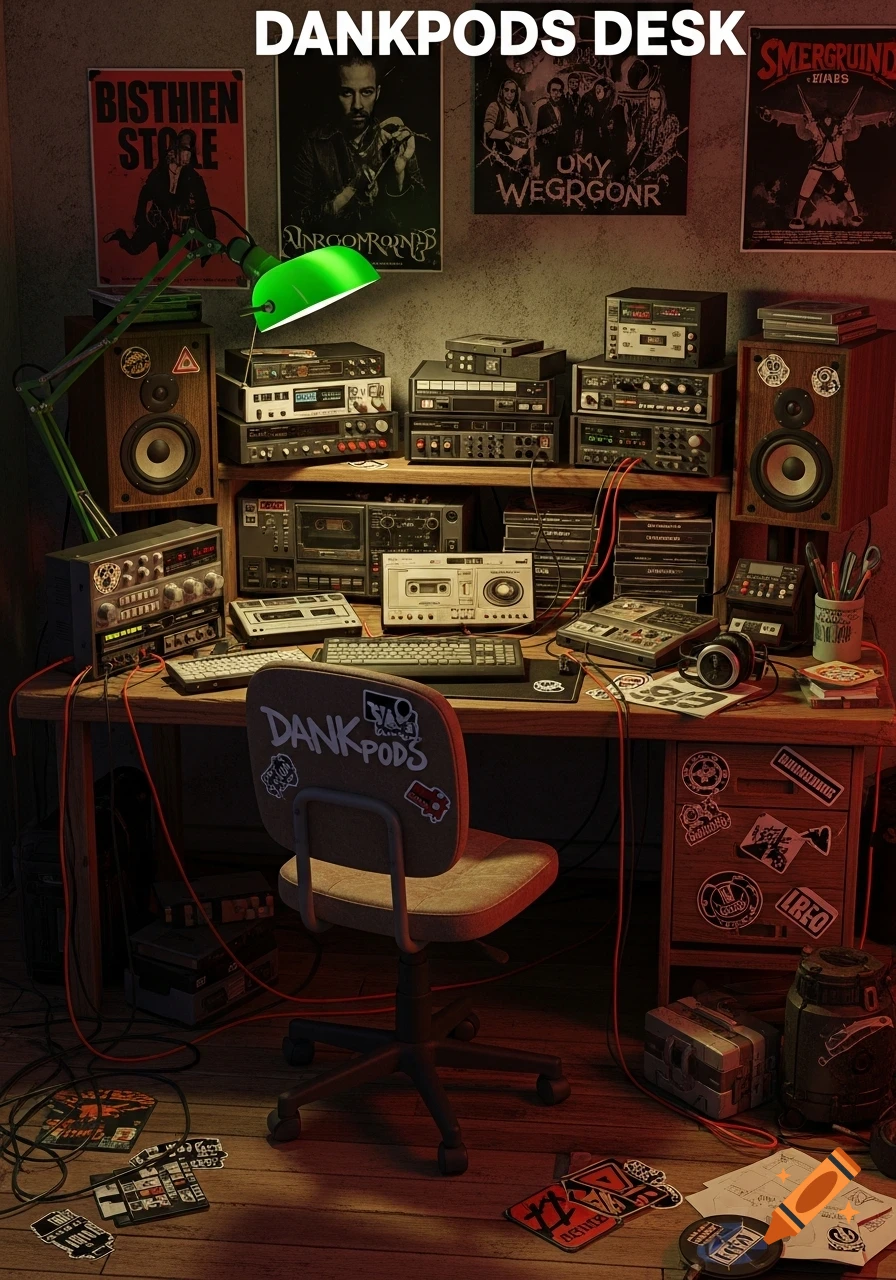 A dark, atmospheric image of a cluttered desk filled with retro audio equipment, speakers, keyboards, and posters. A green desk lamp illuminates the scene, and a chair with 'DANK PODS' written on it sits in front of the desk. The overall style is photorealistic with a slightly stylized, moody lighting.