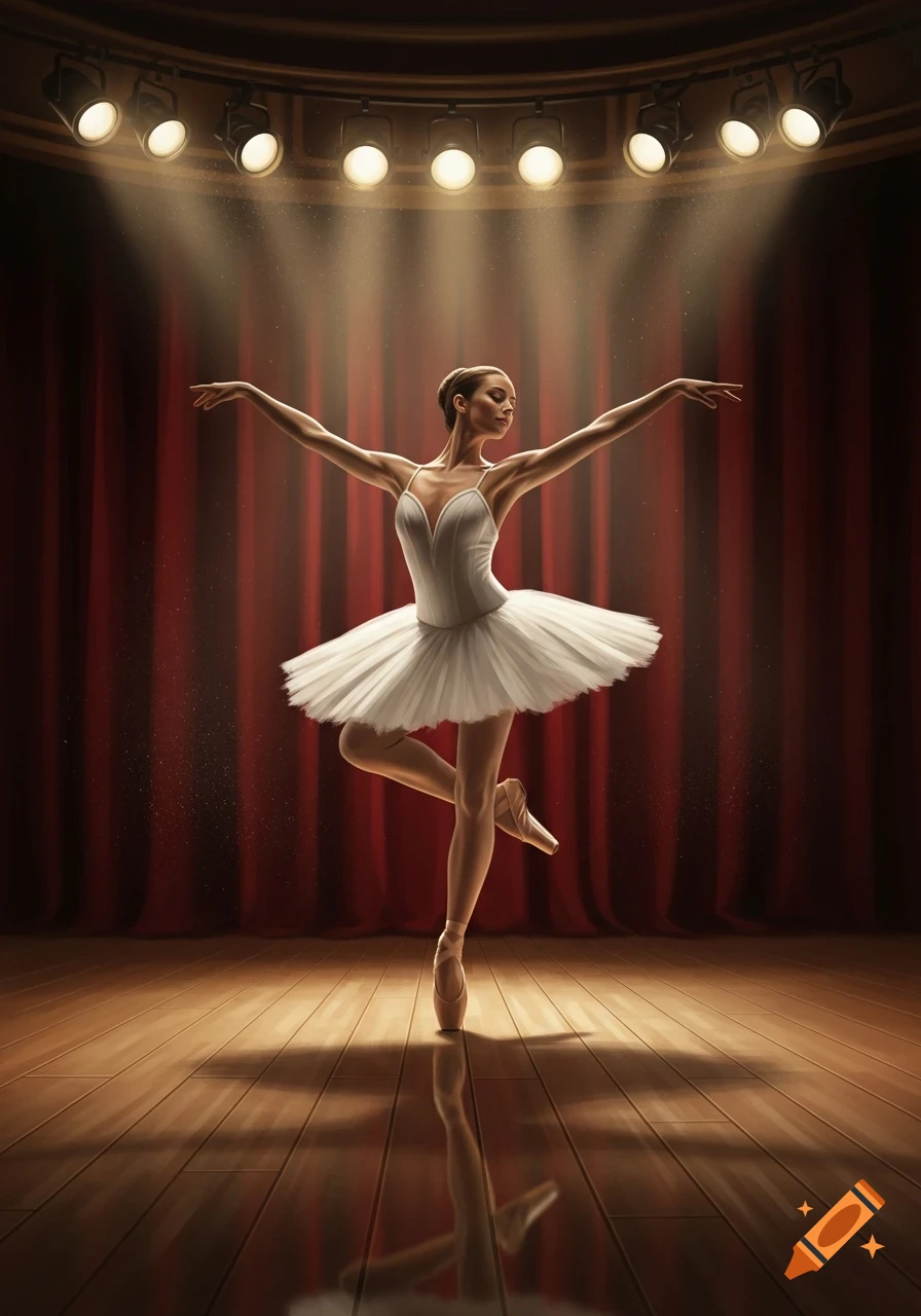 A graceful ballerina in a white tutu poses en pointe on a spotlighted wooden stage with red curtains.