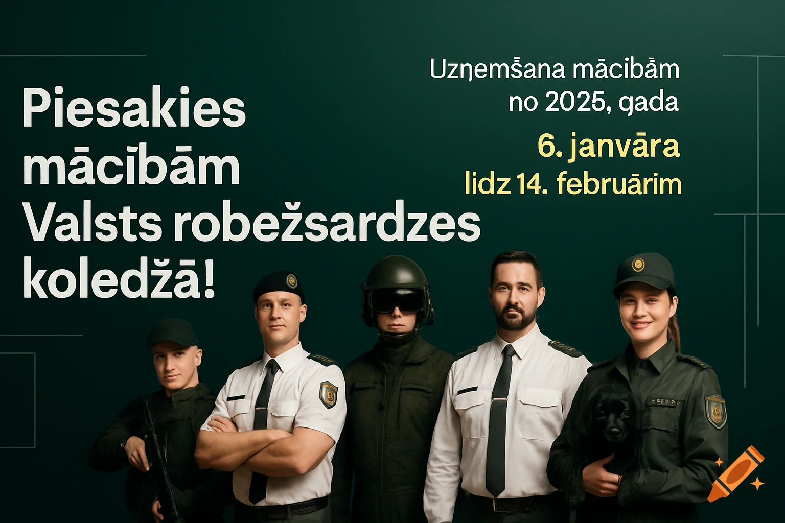 Five State Border Guard College employees in uniforms, including one with a service weapon and another holding a black service dog, against a dark green background with recruitment text.