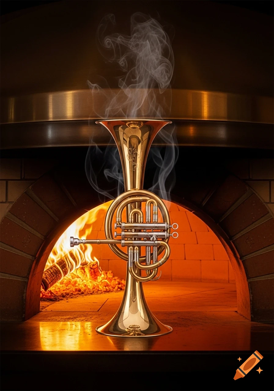 A gleaming brass French horn stands in a brick pizza oven with a burning fire, smoke rising from its bell.