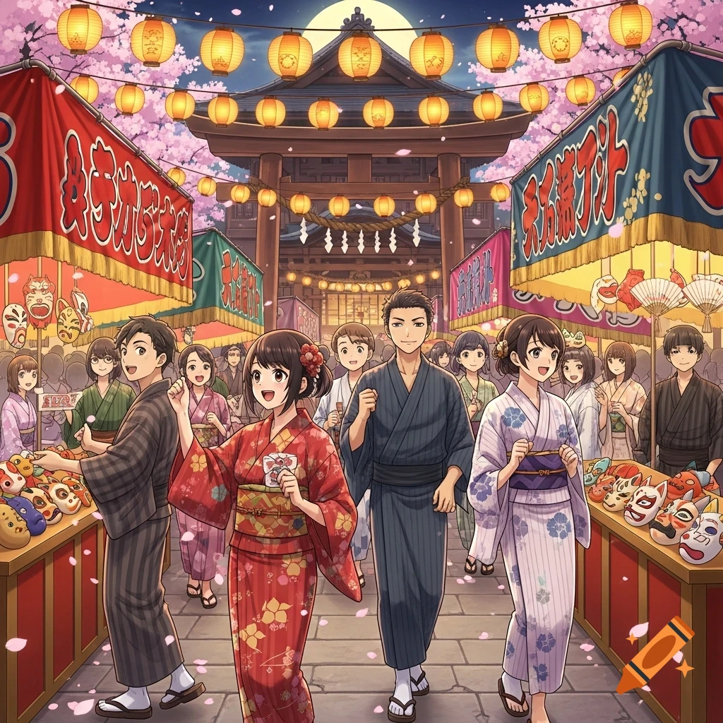 Anime-style depiction of people in kimonos walking through a vibrant Japanese festival with market stalls, paper lanterns, and cherry blossoms at night.