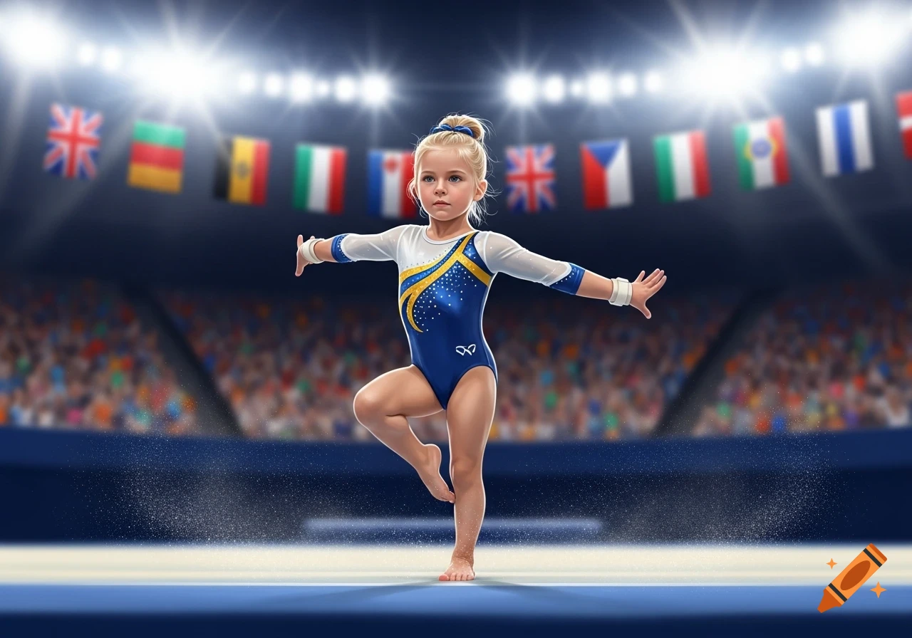 A young blonde girl in a blue and gold leotard balances on one leg in a brightly lit gymnastics arena with international flags, photorealistic.